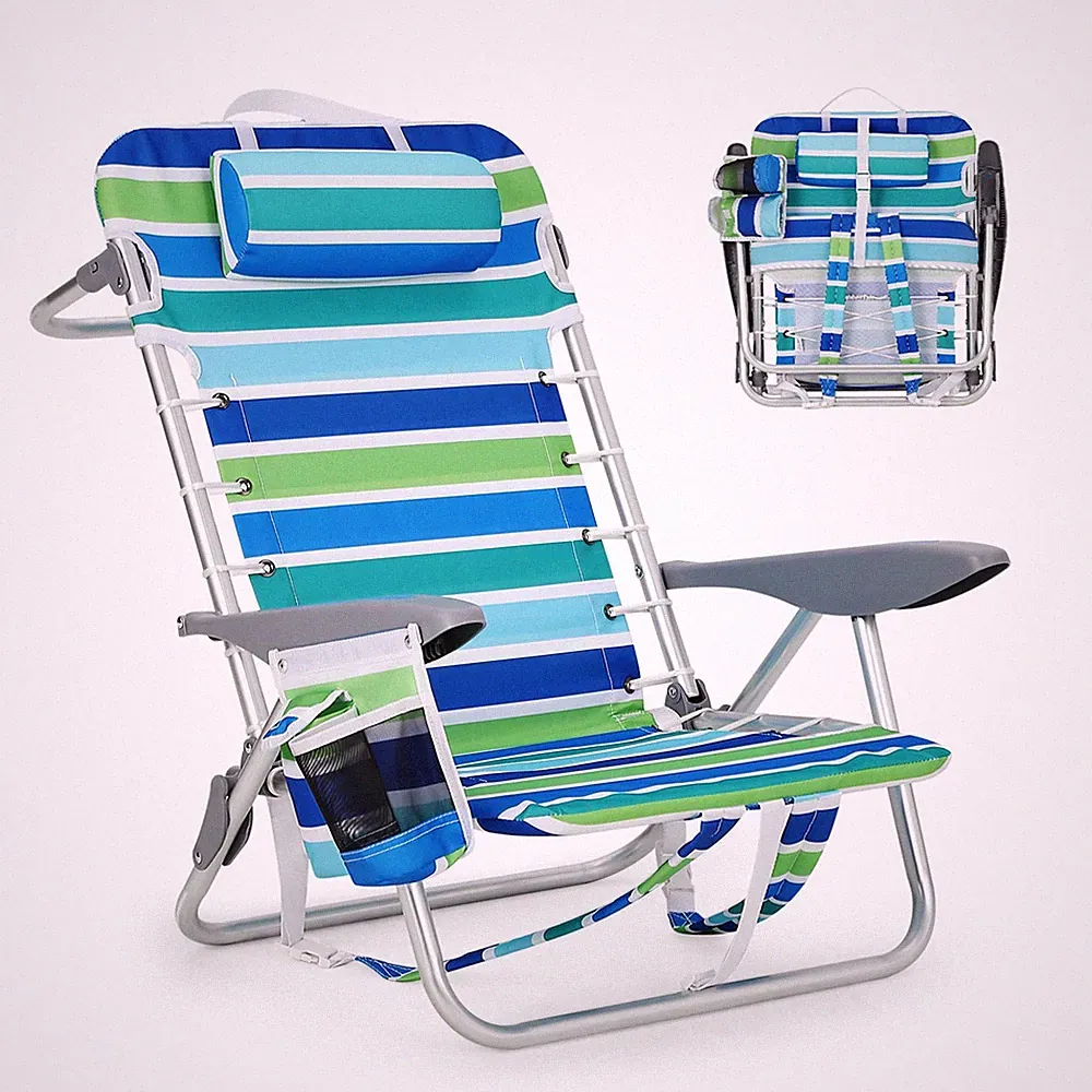 Folding Backpack Beach Chair Lay Flat 5 Positions Lightweight w/Towel Cup Holder
