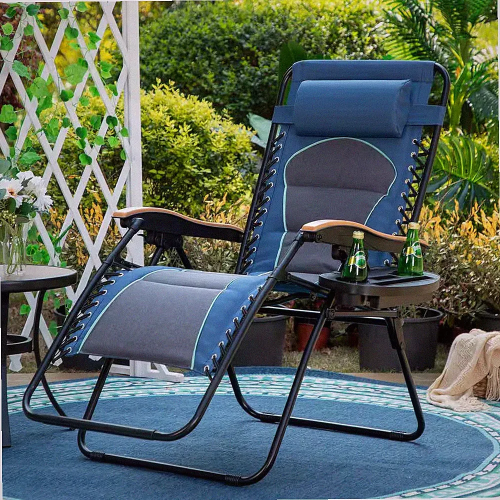 Zero Gravity Lounge Chair Folding Padded Recliner with Wooden Armrest Oversized